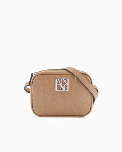 Armani Exchange Shoulder Bag With Allover Logo Pattern Front In Beige