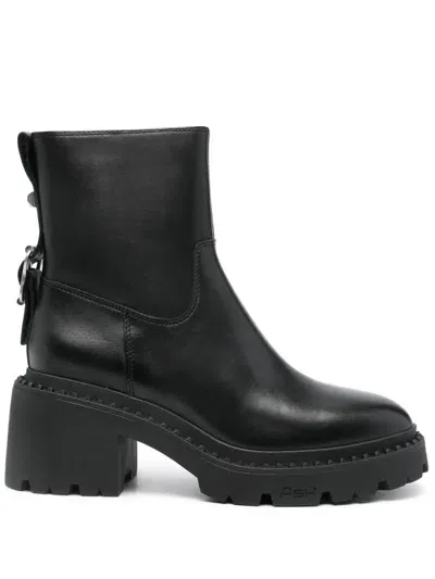 Ash Round Toe Buckled Boots In Black