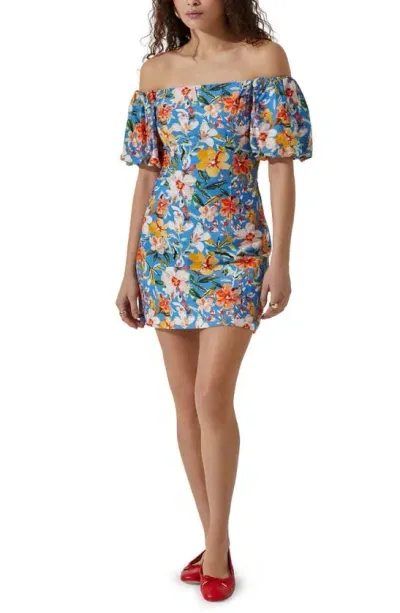 Astr Floral Off The Shoulder Minidress In Blue Tropical