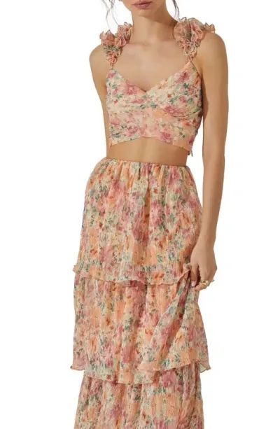 Astr The Label Floral Ruffle Strap Plissé Crop Top In Green Orange Multi