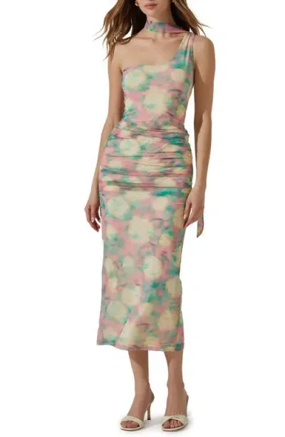 Astr The Label Abstract Print Asymmetric Midi Dress In Green Pink Abstract