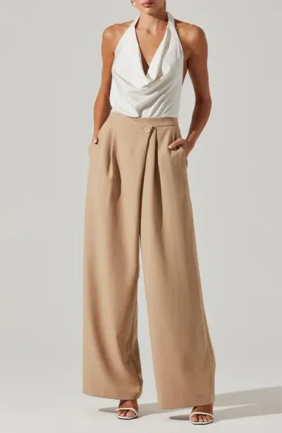 Astr The Label Aryn Halter Wide Leg Jumpsuit In Khaki And White