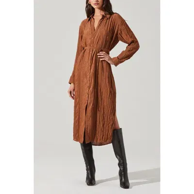 Astr The Label Belted Long Sleeve Midi Shirtdress In Brown