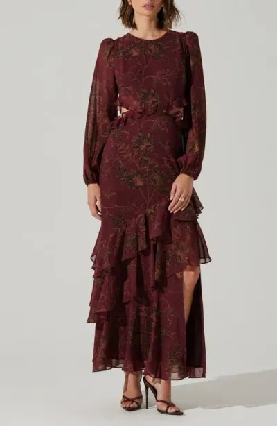 Astr The Label Biella Cutout Ruffle Long Sleeve Cocktail Dress In Plum Brown Floral