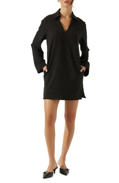 Astr The Label Collar Long Sleeve Shift Dress In Black