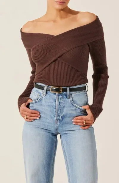 Astr The Label Crossover Off The Shoulder Rib Sweater In Brown