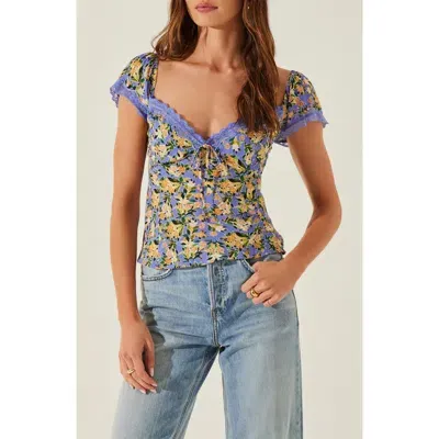 Astr The Label Floral Lace Trim Top In Blue Floral