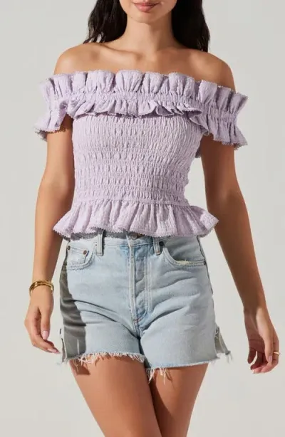 Astr The Label Foufette Off The Shoulder Smocked Ruffle Top In Lilac