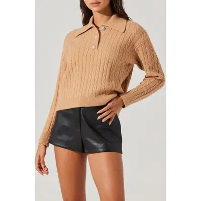 Astr The Label Jewel Button Cable Polo Sweater In Biscoff