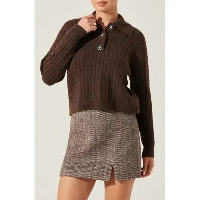 Astr The Label Jewel Button Cable Polo Sweater In Chocolate Brown