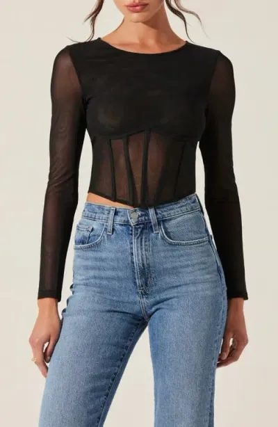 Astr The Label Long Sleeve Mesh Corset Top In Black