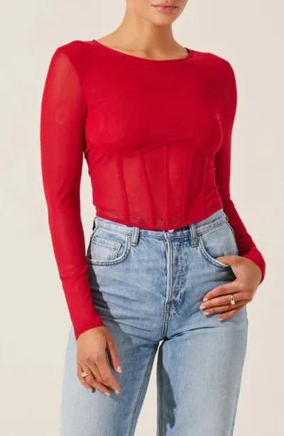 Astr The Label Long Sleeve Mesh Corset Top In Red