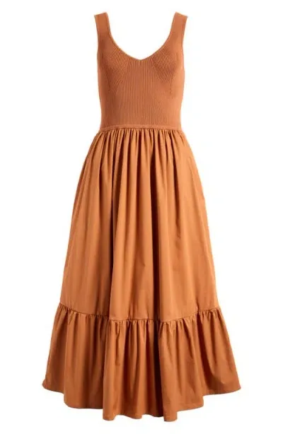 Astr The Label Mixed Media Fit & Flare Dress In Rust Brown