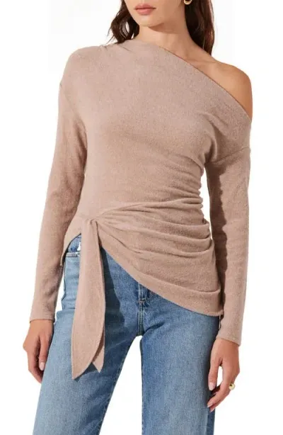 Astr The Label One-shoulder Tie Hem Knit Top In Ashy Taupe