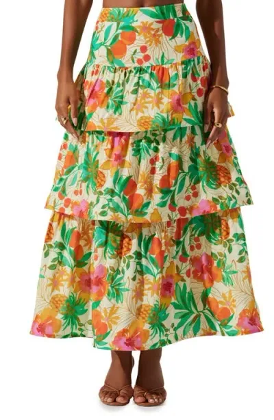 Astr The Label Rooni Fruit & Floral Print Tiered Skirt In Orange Green Print