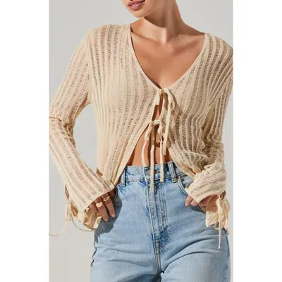 Astr The Label Sagari Tie Front Ladder Stitch Sweater In Cream