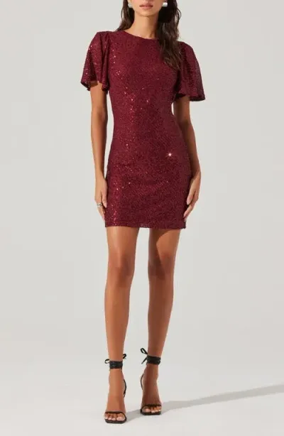 Astr The Label Sequin Flutter Sleeve Minidress In Wine