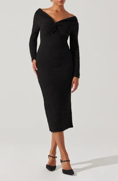 Astr The Label Textured Knot Front Off The Shoulder Long Sleeve Dress In Black