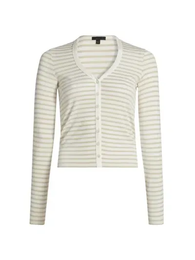 Atm Anthony Thomas Melillo Modal Rib Stripe Long-sleeve Cardigan Top In Chalk Morning Mist