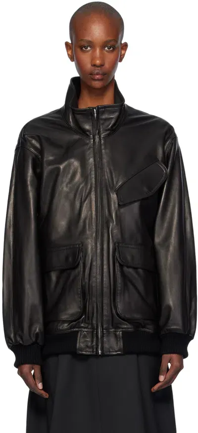 Auralee Black Heavy Lamb Leather Zip Jacket