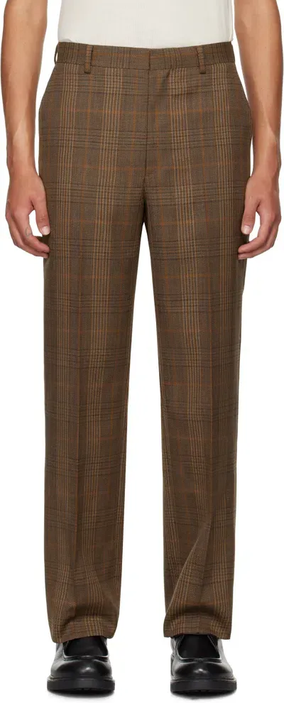 Auralee Brown Bluefaced Wool Check Trousers In Brown Check