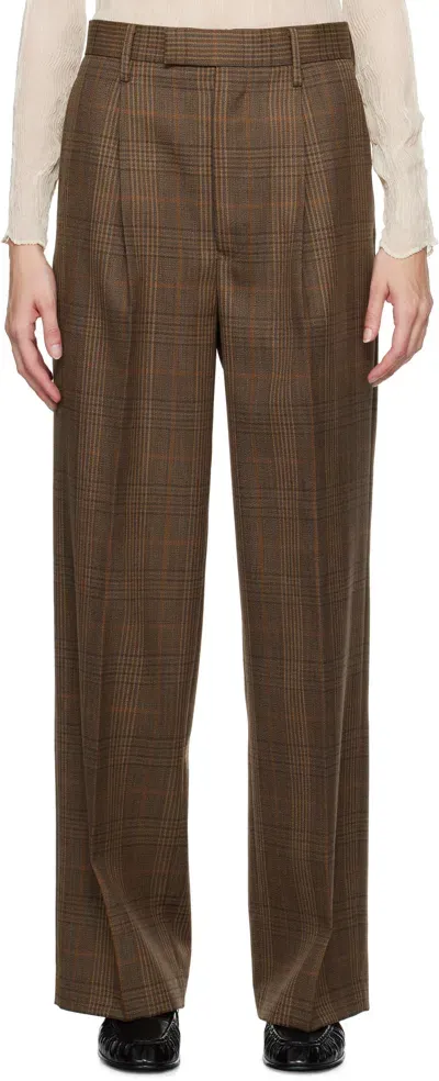 Auralee Brown Bluefaced Wool Check Trousers In Brown Check