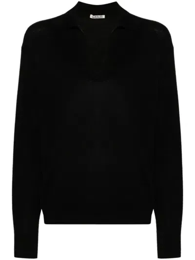 Auralee V-neck Cashmere Silk Jumper In Black