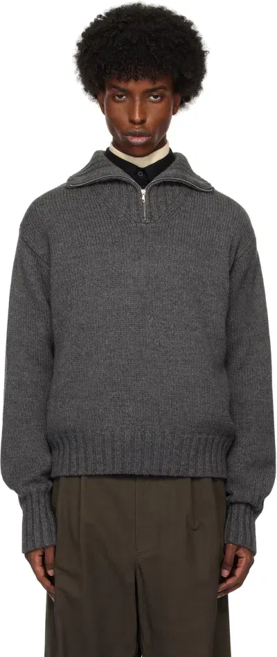 Auralee Gray Wool Soft Cord Knit Half Zip Sweater In Top Charcoal