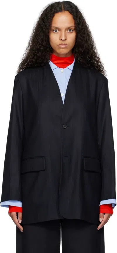 Auralee Navy Wool Fulling Flannel Stripe Blazer In Blue