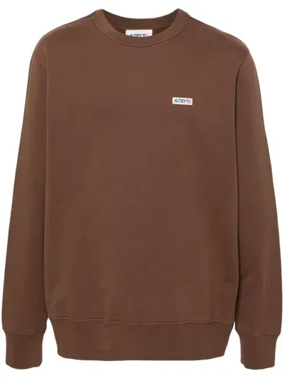 Autry Cotton Crewneck Sweatshirt With Logo Print In Brown