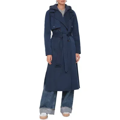 Avec Les Filles Double Breasted Trench Coat With Hooded Quilted Dickey In Navy