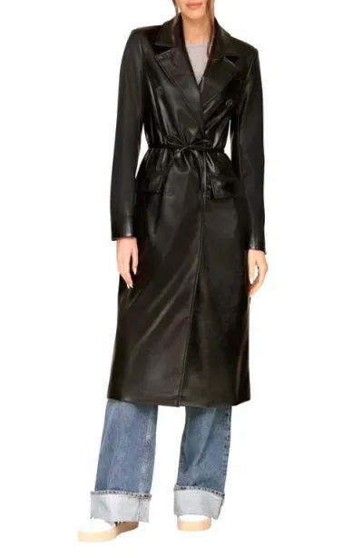 Avec Les Filles Faux Leather Belted Trench Coat In Black