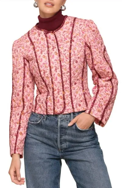 Avec Les Filles Floral Quilted Crop Jacket In Pink Burgundry Floral