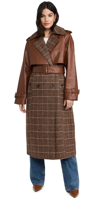 Avec Les Filles Oversized Maxi Combo Trench Coat Multi Brown