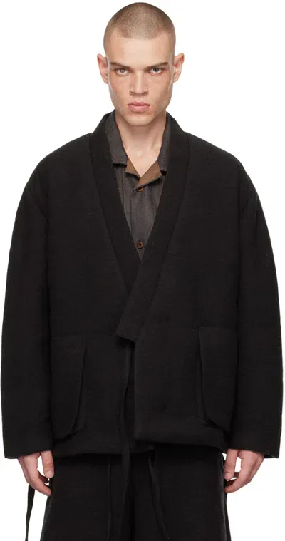 Aviva Jifei Xue Black Padded Short Kimono Jacket In Black Wool Linen Sat