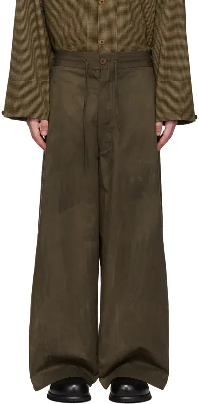 Aviva Jifei Xue Khaki Relaxed Drawstring Trousers In Dark Moss Waxed Cott