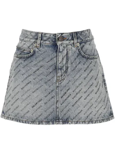 Balenciaga Allover Logo Printed Denim Mini Skirt In Blue