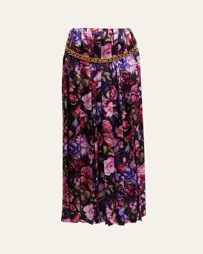 Balenciaga Floral Print Pleated Long Silk Skirt With Chunky Chain In Purple