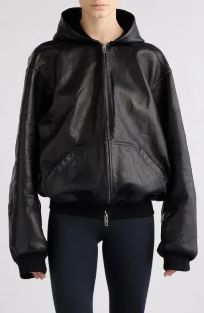 Balenciaga Oversize Leather Zip-up Hoodie In Black