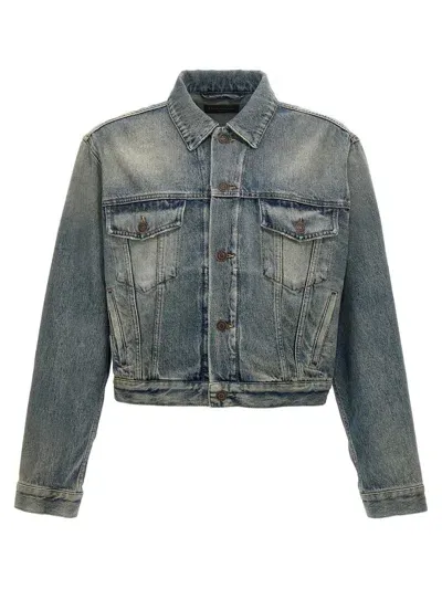 Balenciaga Rhinestone Logo Denim Jacket In Blue