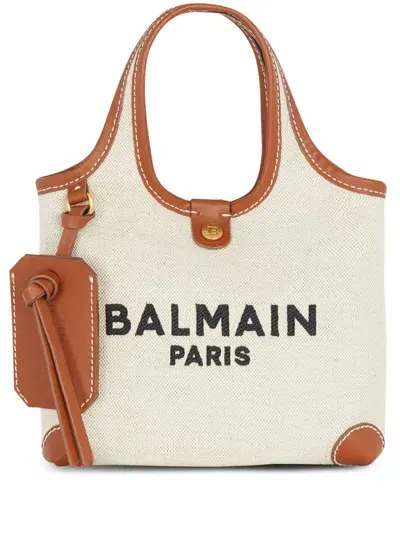 Balmain B-army Mini Canvas And Leather Handbag In Brown