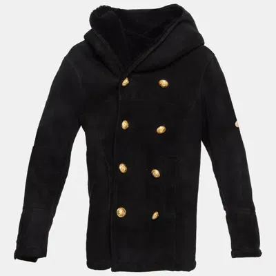 Pre-owned Balmain Black Wool Hooded Double Breast Shearling Coat 10a