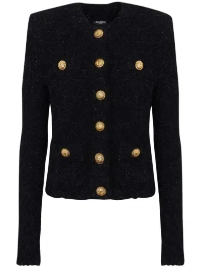 Balmain Buttoned Maze Mng Tweed Jacket In Black