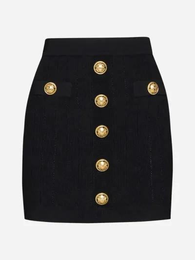 Balmain Knit Mini Skirt With Embossed Buttons In Black