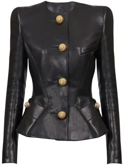 Balmain Leather Peplum Jacket In Black