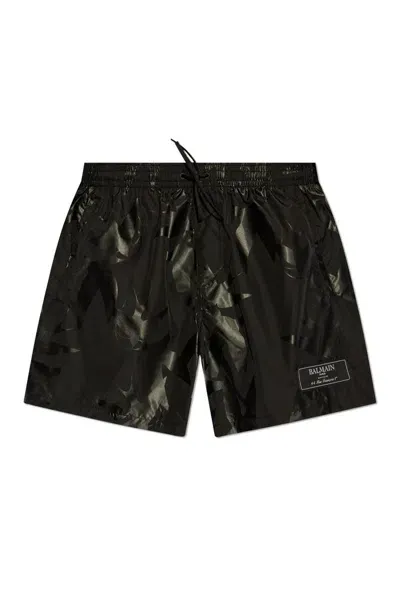 Balmain Elastic Waistband Drawstring Swim Shorts In Black