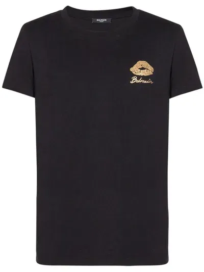 Balmain Gold Kiss Print Logo T.shirt Classic Fit Clothing In Black