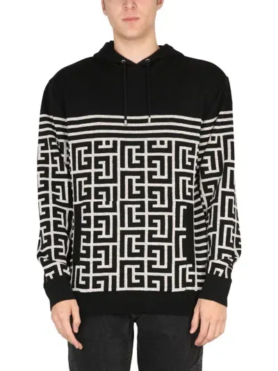 Balmain Pb Monogram Knitted Hoodie In Black