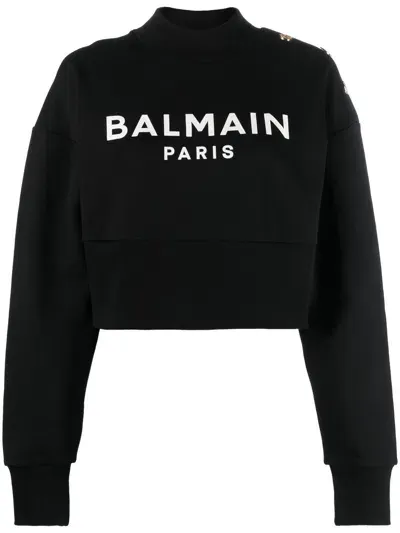 Balmain Logo Organic Cotton Cropped Sweatshirt In Black