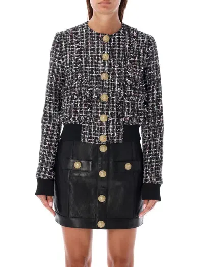 Balmain Ribbed-hem Cropped Tweed Jacket In Black